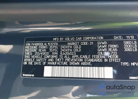 2020 Volvo Xc60 Hybrid T8 Inscription z USA, uszkodzony, nr VIN YV4BR0DL4L1512178